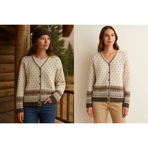 Eddie Bauer Women Fair Isle Cardigan Sweater Beige Brown L Quiet Luxury